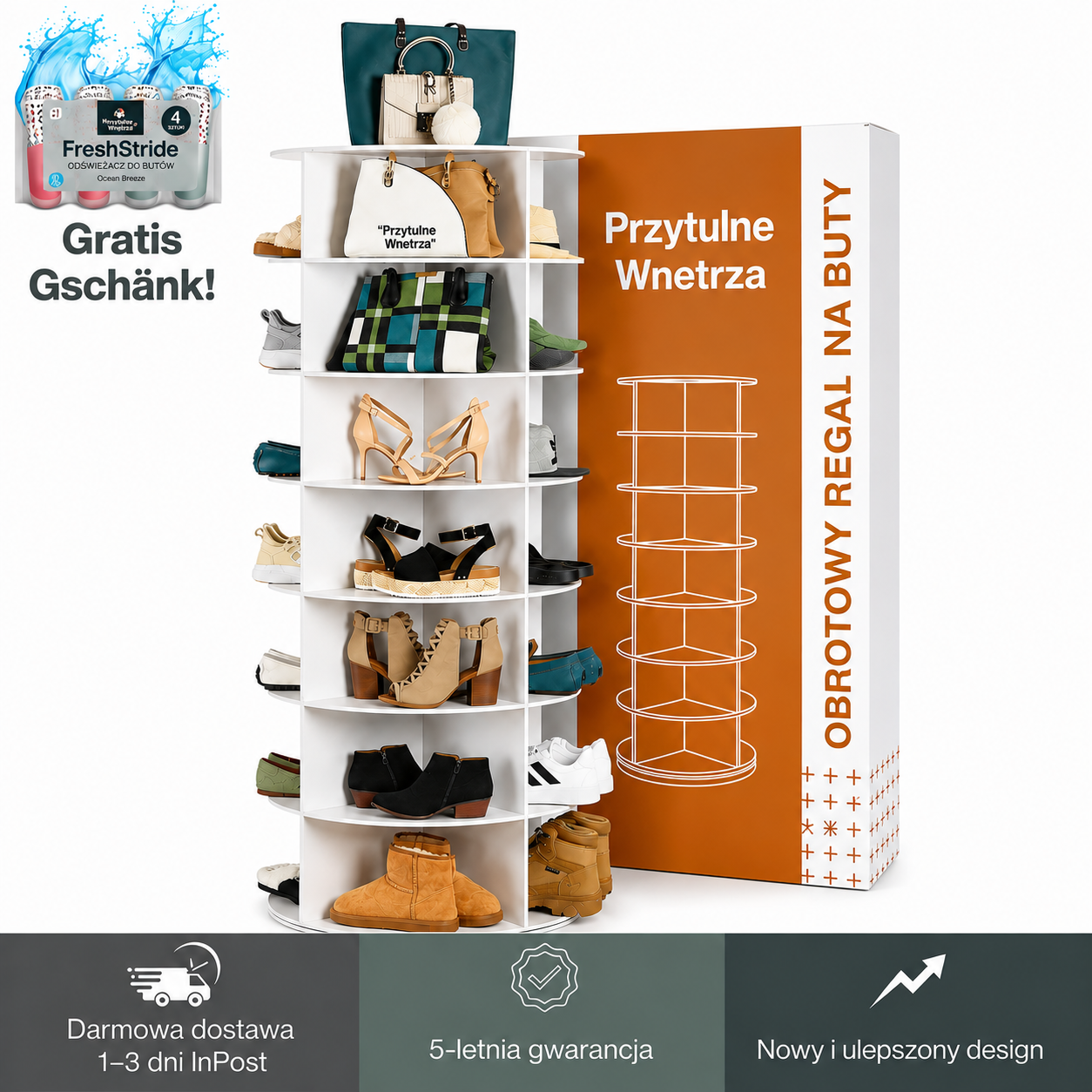Przytulne Wnetrza - Obrotowy regał na buty 360° – 7-poziomowy organizer na buty w formie karuzeli