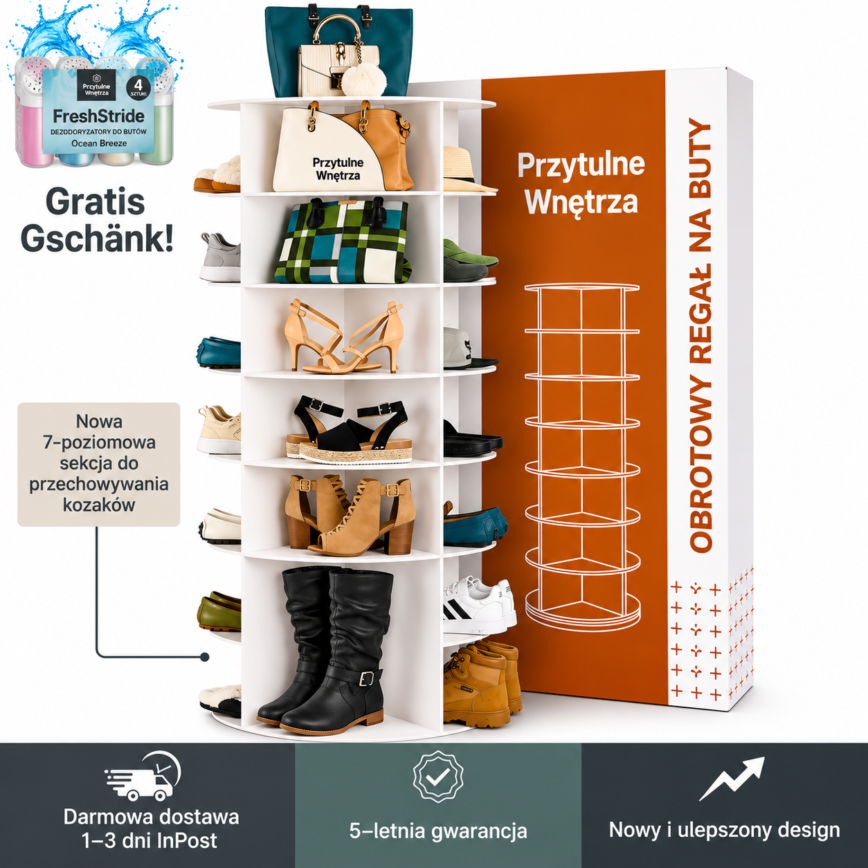 Przytulne Wnetrza - Obrotowy regał na buty 360° – 7-poziomowy organizer na buty w formie karuzeli